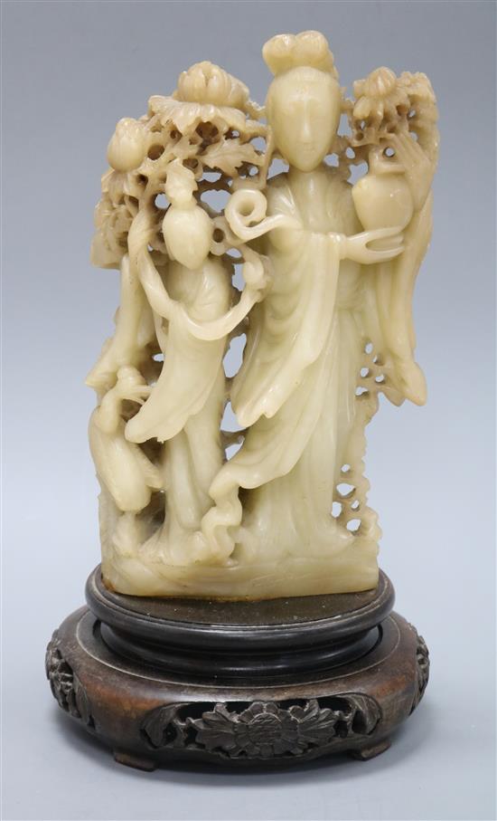 A Chinese soapstone group of two ladies Total height 31cm
